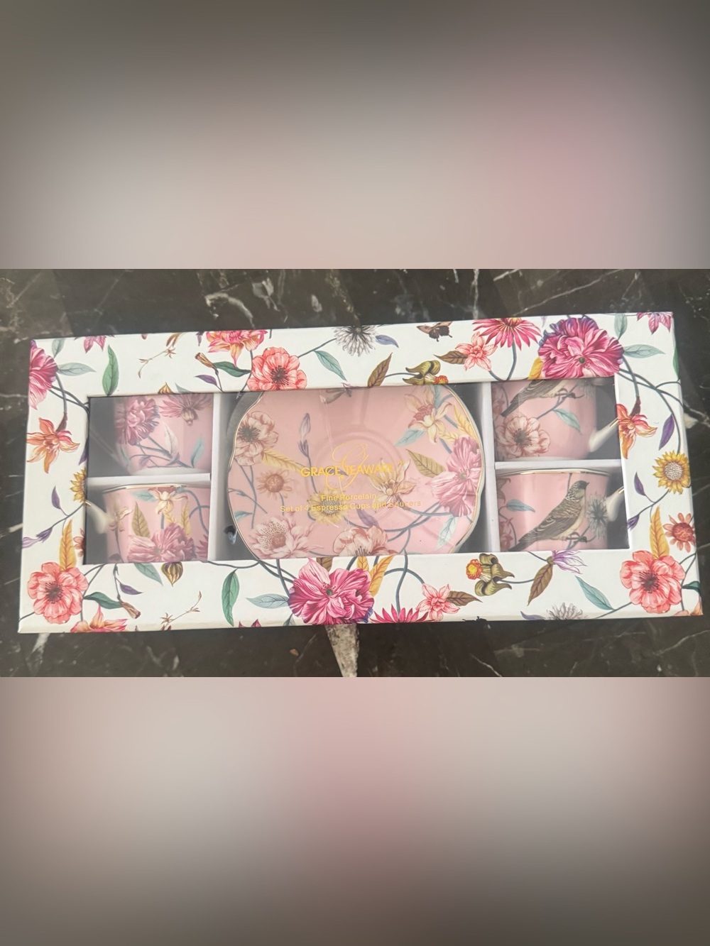 Grace Teaware Floral Pink Botanical Tea Set with Bird Motif